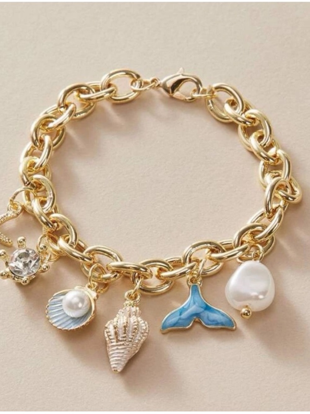 Gold Sea Charm Bracelet with Blue Fishtail and Pearl Accents